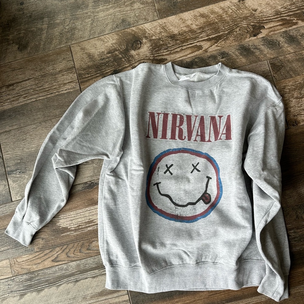 NIRVANA Gray Crewneck with Smiley Graphic
